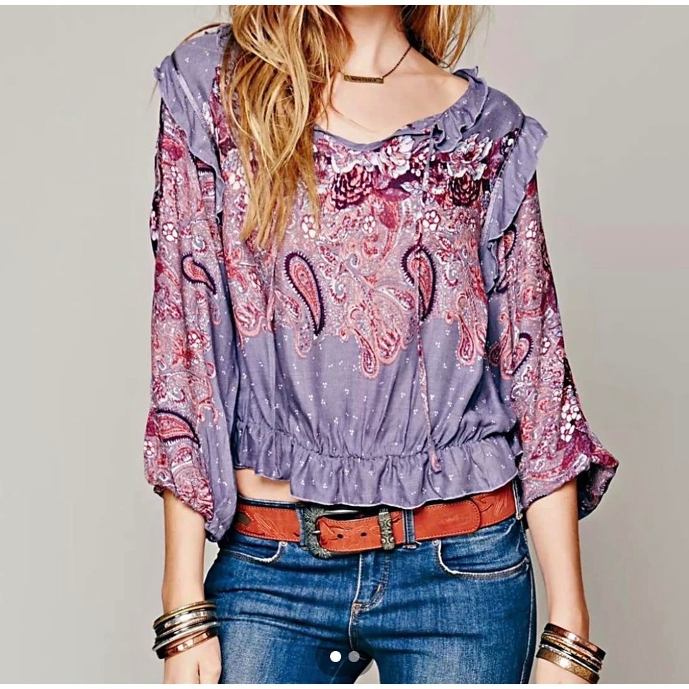 Free People Blouse Womens Medium Purple Boho Paisley Floral Ruffle Peplum Top